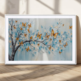 59455-MGC-FP-36x24_White-Butterfly Tree Branch Wall Art – Blue and Yellow Abstract Canvas Print, Modern Nature Artwork for Living Room, Bedroom or Office