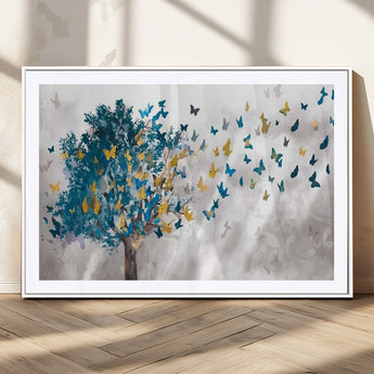 37564-MGC-FP-36x24_White-Butterfly Tree Wall Art – Modern Nature Canvas Print with Blue and Golden Butterflies, Elegant Decorative Painting for Living Room