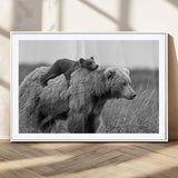 76338-MGC-FP-36x24_White-Mother Bear and Cub Wall Art – Black and White Wildlife Canvas Print, Rustic Nature Photography for Cabin, Living Room or Office