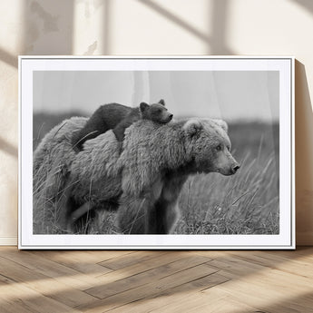 76338-MGC-FP-36x24_White-Mother Bear and Cub Wall Art – Black and White Wildlife Canvas Print, Rustic Nature Photography for Cabin, Living Room or Office