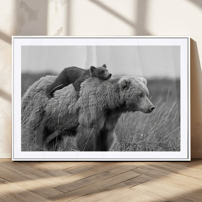 76338-MGC-FP-36x24_White-Mother Bear and Cub Wall Art – Black and White Wildlife Canvas Print, Rustic Nature Photography for Cabin, Living Room or Office