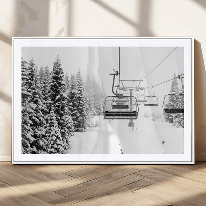 70609-MGC-FP-36x24_White-Snowy Ski Lift Wall Art – Black and White Winter Mountain Landscape Canvas Print, Rustic Lodge Decor for Cabin, Living Room or