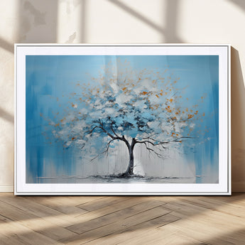 25021-MGC-FP-36x24_White-Abstract Tree Wall Art – Blue and White Canvas Painting with Gold Accents, Modern Nature-Inspired Artwork for Living Room, Bedroom