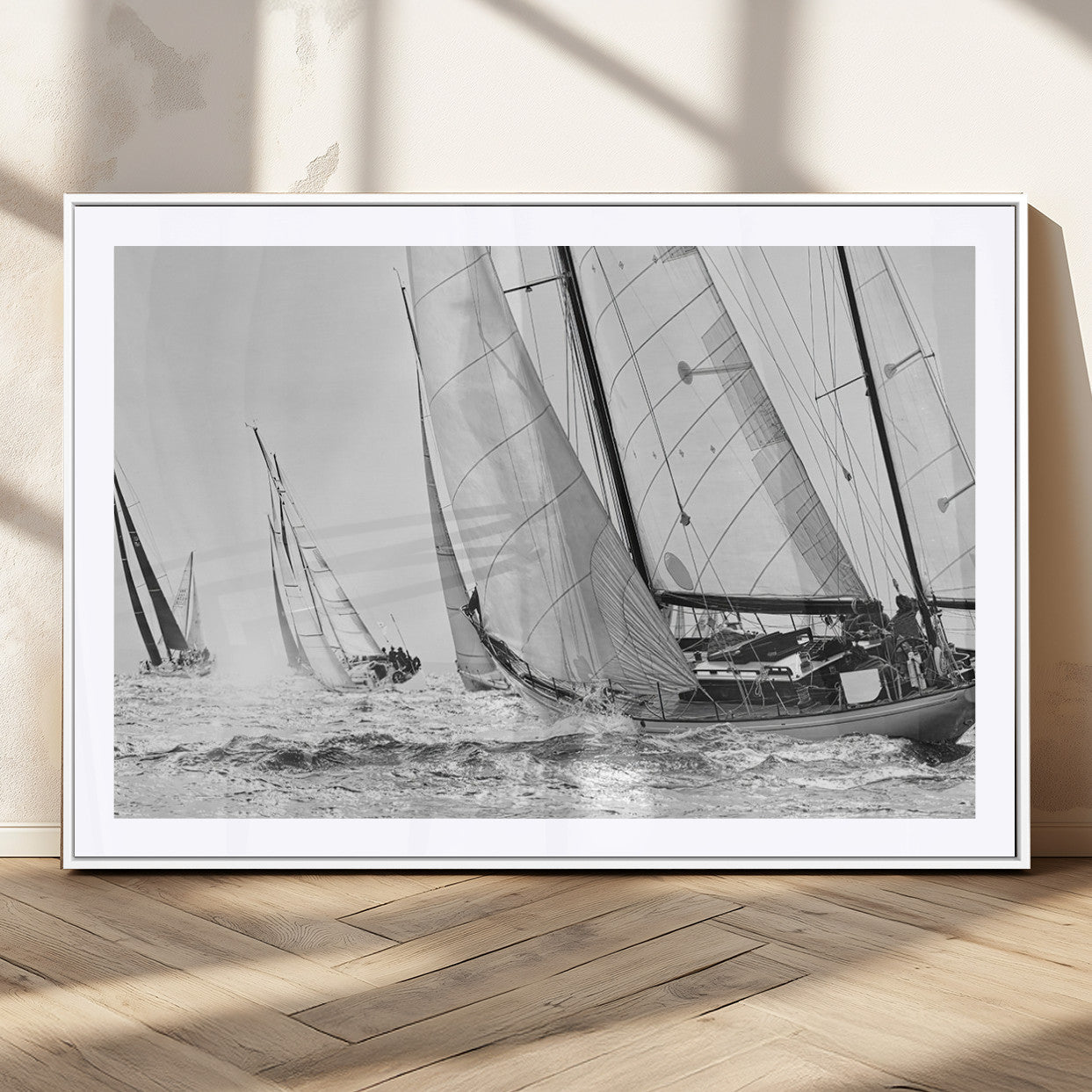 Boat-1-MGV-CV-36X24-Sailboat Racing Wall Art – Nautical Black and White Canvas Print, Ocean Adventure Decor for Office, Living Room or Bedroom