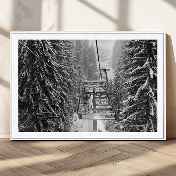 19240-MGC-FP-36x24_White-Ski Lift Wall Art – Black and White Winter Mountain Canvas Print, Snowy Forest Ski Resort Photography for Cabin, Lodge, Office or