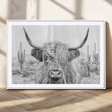 94579-MGV-CV-36X24-Highland Cow Wall Art – Black and White Longhorn Canvas Print, Rustic Western Farmhouse Animal Photography for Living Room,