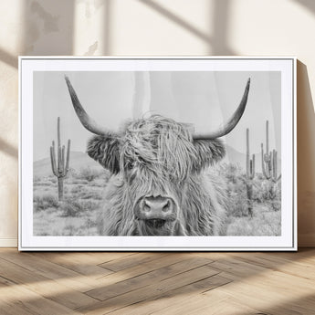 94579-MGV-CV-36X24-Highland Cow Wall Art – Black and White Longhorn Canvas Print, Rustic Western Farmhouse Animal Photography for Living Room,
