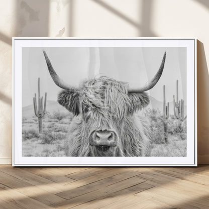 94579-MGV-CV-36X24-Highland Cow Wall Art – Black and White Longhorn Canvas Print, Rustic Western Farmhouse Animal Photography for Living Room,