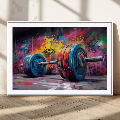 13549-MGC-FP-36x24_White-Graffiti Gym Wall Art Canvas Print, Framed Graffiti Barbell Art Picture Print, Weightlifting Perfect Fitness Studio Decor Artwork