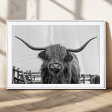 58188-MGC-FP-36x24_White-Highland Cow Wall Art – Black and White Rustic Farmhouse Canvas Print, Longhorn Cattle Photography Decor for Living Room or