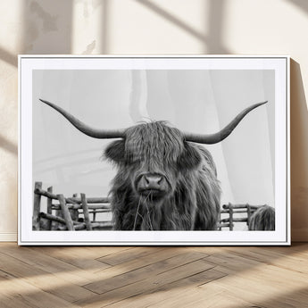 58188-MGC-FP-36x24_White-Highland Cow Wall Art – Black and White Rustic Farmhouse Canvas Print, Longhorn Cattle Photography Decor for Living Room or