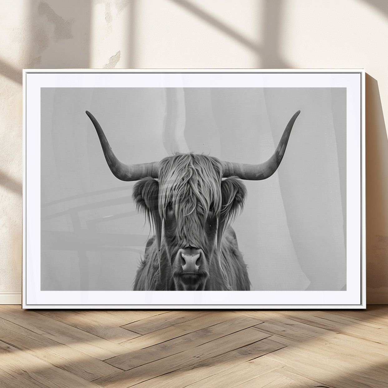 35820-MGC-FP-36x24_White-Minimalist Highland Cow Wall Art – Black and White Longhorn Cattle Canvas Print, Modern Farmhouse Animal Photography Decor for