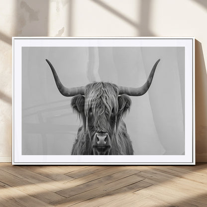 35820-MGC-FP-36x24_White-Minimalist Highland Cow Wall Art – Black and White Longhorn Cattle Canvas Print, Modern Farmhouse Animal Photography Decor for