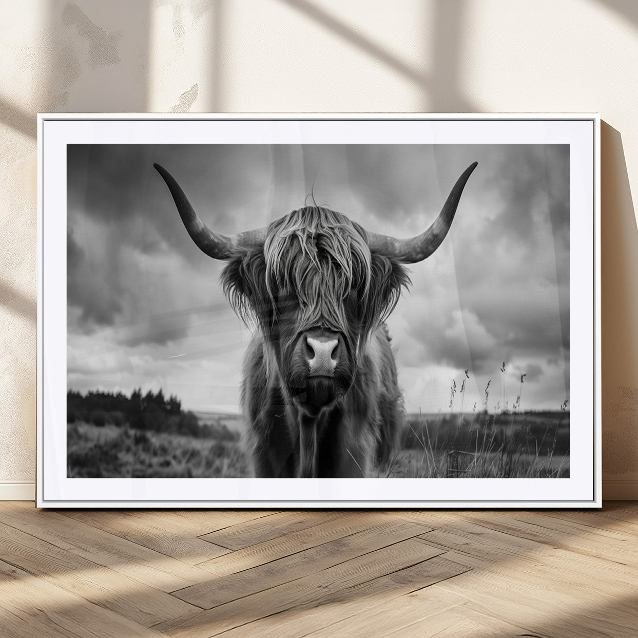 17924-MGV-CV-36X24-Highland Cow Wall Art – Black and White Rustic Longhorn Cattle Canvas Print, Farmhouse Animal Photography Decor for Country Home