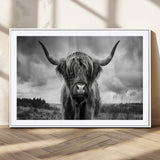 17924-MGV-CV-36X24-Highland Cow Wall Art – Black and White Rustic Longhorn Cattle Canvas Print, Farmhouse Animal Photography Decor for Country Home