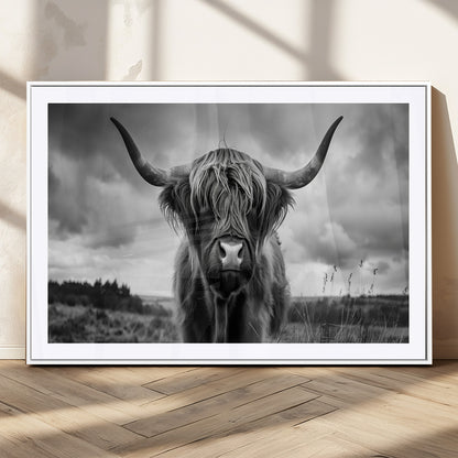 17924-MGV-CV-36X24-Highland Cow Wall Art – Black and White Rustic Longhorn Cattle Canvas Print, Farmhouse Animal Photography Decor for Country Home