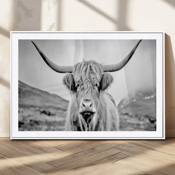 80564-MGC-FP-36x24_White-Highland Cow Wall Art – Black and White Scottish Highland Canvas Print, Rustic Farmhouse Decor for Living Room, Bedroom or Office
