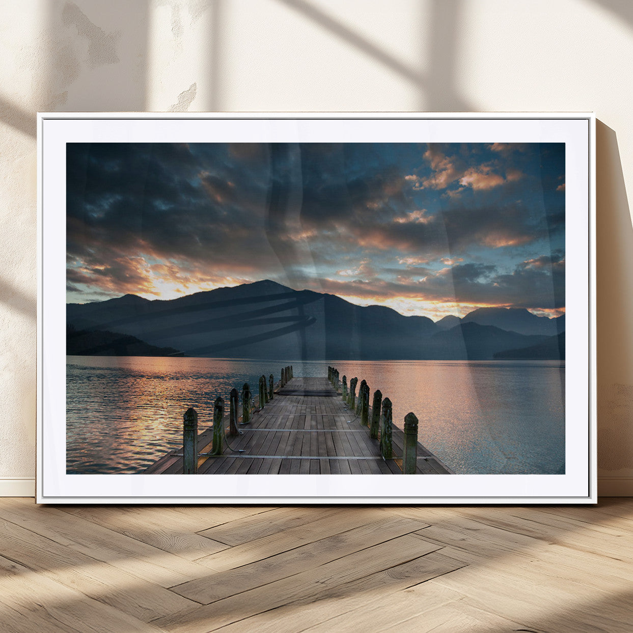 20442-MGC-FP-36x24_White-Lakeside Sunset Dock Wall Art – Peaceful Mountain Lake Canvas Print, Serene Nature Landscape Decor for Living Room, Bedroom or