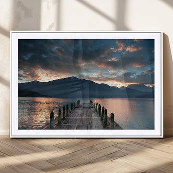 20442-MGC-FP-36x24_White-Lakeside Sunset Dock Wall Art – Peaceful Mountain Lake Canvas Print, Serene Nature Landscape Decor for Living Room, Bedroom or