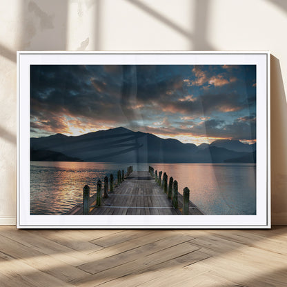 20442-MGC-FP-36x24_White-Lakeside Sunset Dock Wall Art – Peaceful Mountain Lake Canvas Print, Serene Nature Landscape Decor for Living Room, Bedroom or