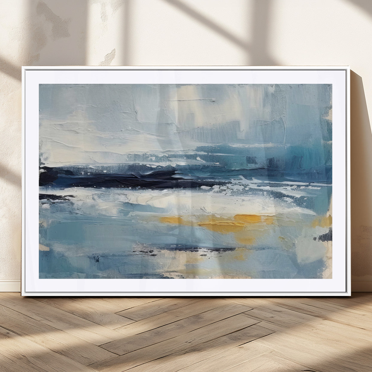 19746-MGC-FP-36x24_White-Abstract Ocean Wall Art – Modern Coastal Canvas Print with Blue, White and Gold Textures, Contemporary Seascape Painting for