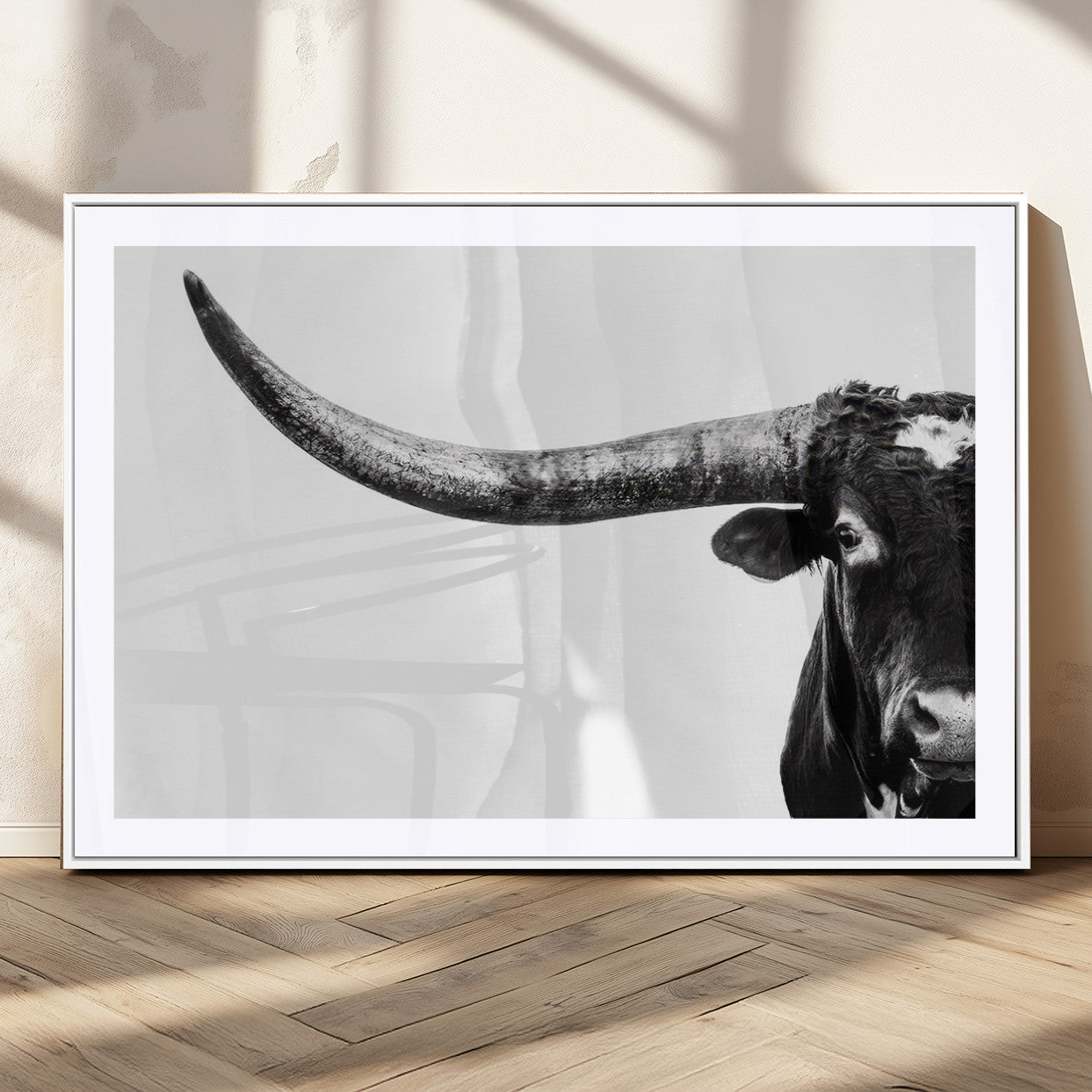 31699-MGC-FP-36x24_White-Longhorn Wall Art – Black and White Texas Longhorn Cow Canvas Print, Rustic Western Farmhouse Artwork for Living Room, Bedroom or