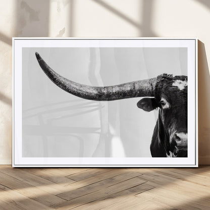 31699-MGC-FP-36x24_White-Longhorn Wall Art – Black and White Texas Longhorn Cow Canvas Print, Rustic Western Farmhouse Artwork for Living Room, Bedroom or