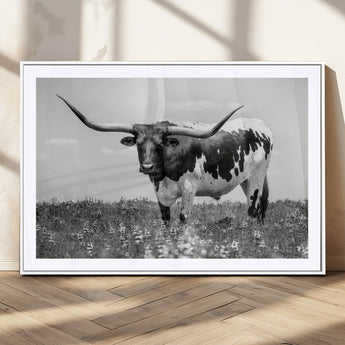 94709-MGC-FP-36x24_White-Texas Longhorn Wall Art – Black and White Bull Photography Canvas Print, Western Farmhouse Wall Decor for Living Room, Office or