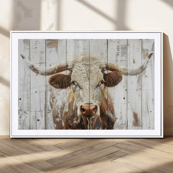 71551-MGC-FP-36x24_White-Longhorn Bull Wall Art – Rustic Western Cow Canvas Print, Farmhouse Animal Painting with Wood Plank Style for Living Room, Office