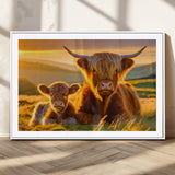 20567-MGC-FP-36x24_White-Highland Cow and Calf Wall Art – Rustic Farmhouse Sunset Cattle Canvas Print, Country Animal Artwork for Living Room, Bedroom, or