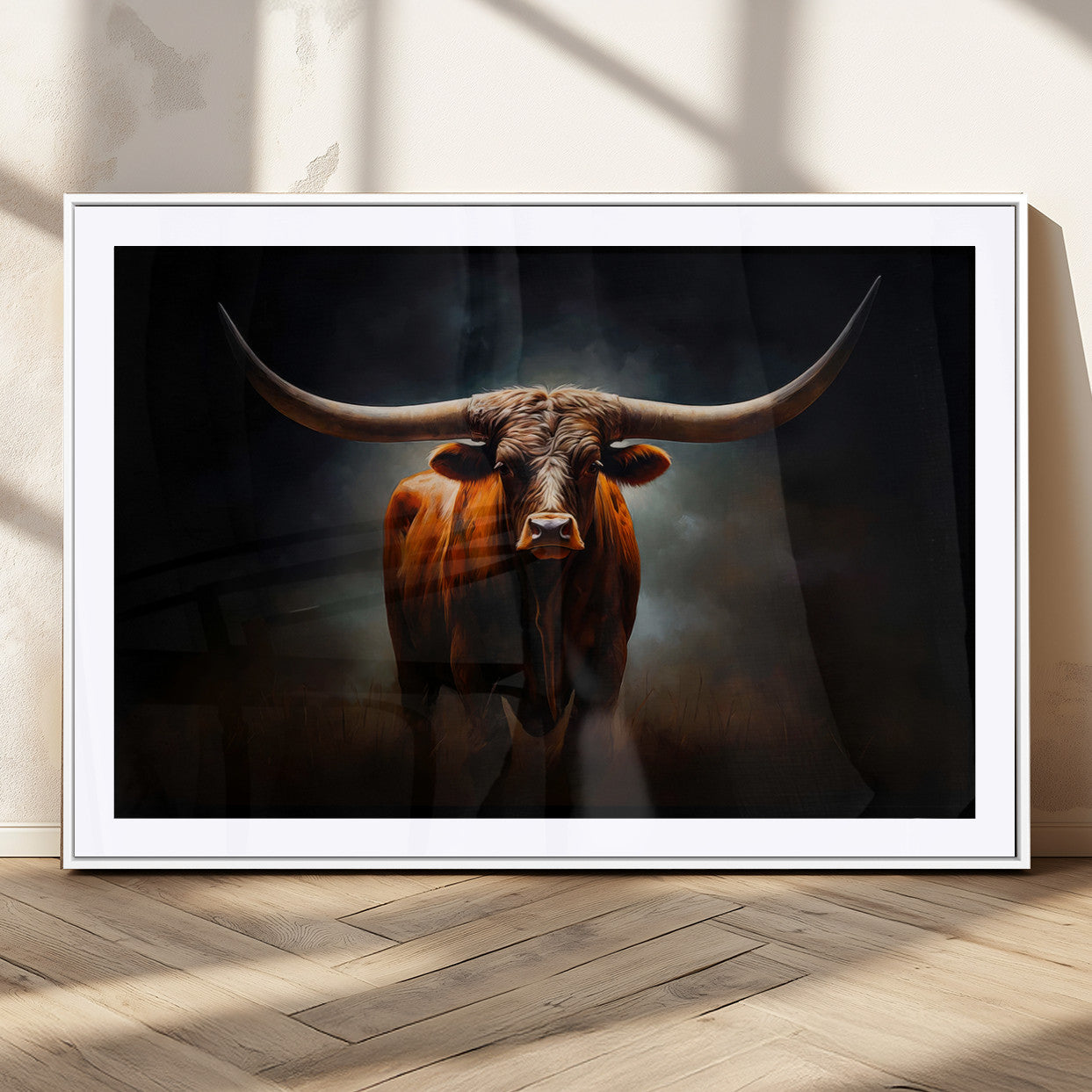 48896-MGC-FP-36x24_White-Texas Longhorn Wall Art – Rustic Western Bull Canvas Print and Farmhouse Cattle Painting for Living Room, Ranch, or Office Decor .