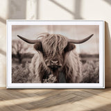 55903-MGC-FP-36x24_White-Highland Cow Wall Art – Rustic Sepia Scottish Highland Bull Canvas Print, Farmhouse Country Animal Decor for Living Room, Bedroom