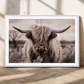 55903-MGC-FP-36x24_White-Highland Cow Wall Art – Rustic Sepia Scottish Highland Bull Canvas Print, Farmhouse Country Animal Decor for Living Room, Bedroom
