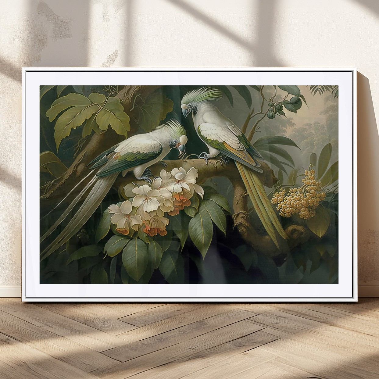 84047-MGC-FP-36x24_White-Tropical Birds Wall Art – Elegant Botanical Canvas Print, Exotic Nature Decor for Living Room, Bedroom or Office