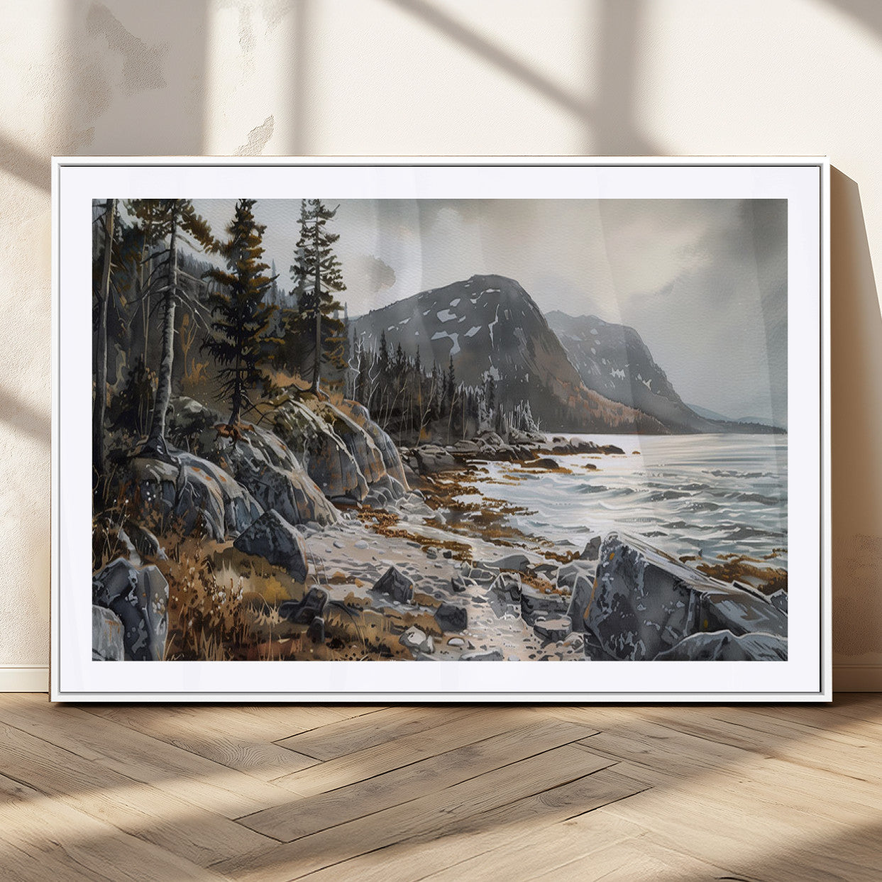 41281-MGV-CV-36X24-Rocky Shoreline Wall Art – Panoramic Mountain Coast and Forest Canvas Print, Rustic Nature Landscape Decor for Cabin, Lodge, or