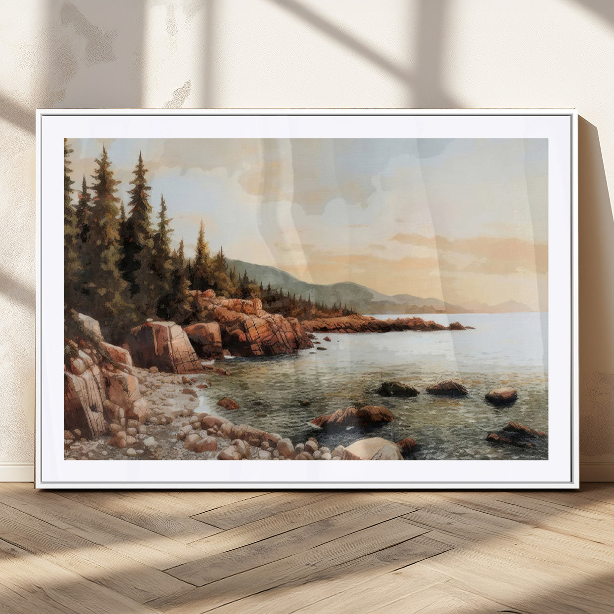 77145-MGV-CV-36X24-Coastal Landscape Wall Art – Panoramic Rocky Shoreline and Pine Trees Canvas Print, Rustic Nature Decor for Cabin, Lodge, Office,