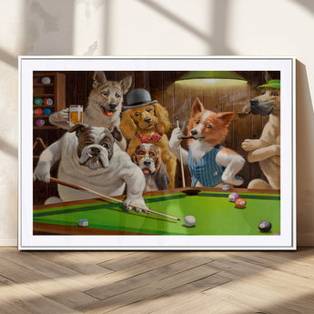 34228-MGV-CV-36X24-Dogs Playing Pool Wall Art Canvas Print, Framed Funny Dog Art Picture Print, Dog Perfect Game Room Decor Artwork