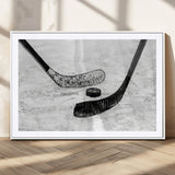 82900-MGC-FP-36x24_White-Hockey Wall Art – Black and White Canvas Print Ice Rink Sticks Puck Sports Photography, Modern Decor for Game Room, Man Cave,