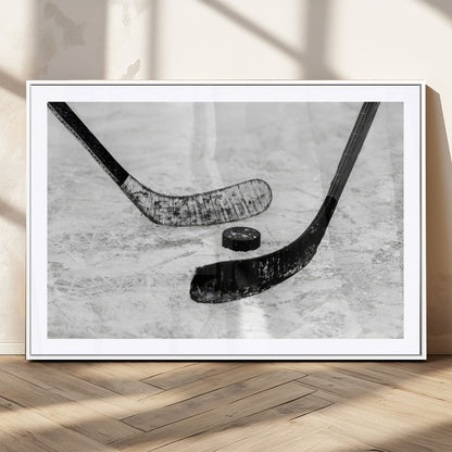 82900-MGC-FP-36x24_White-Hockey Wall Art – Black and White Canvas Print Ice Rink Sticks Puck Sports Photography, Modern Decor for Game Room, Man Cave,