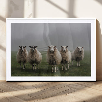 87339-MGV-CV-36X24-Sheep Wall Art – Rustic Farmhouse Canvas Print Flock Standing Misty Field Countryside Photography, Country Animal Decor for Living