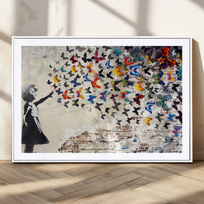 97895-MGC-FP-36x24_White-Girl with Butterflies Wall Art – Colorful Street Art Style Canvas Print, Modern Graffiti-Inspired Butterfly Artwork for Living