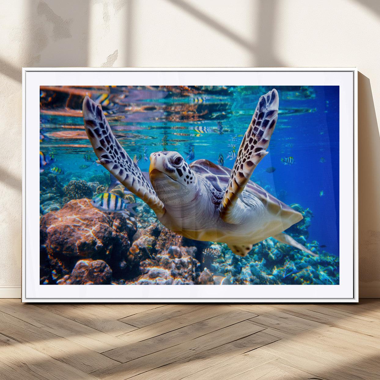 12683-MGC-FP-36x24_White-Sea Turtle Wall Art – Graceful Ocean Canvas Print with Coral Reef and Tropical Fish, Coastal Marine Life Decor for Beach House,