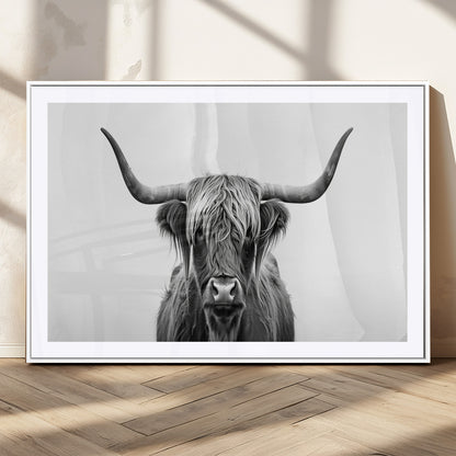 49556-MGV-CV-36X24-Highland Cow Wall Art – Black and White Scottish Highland Cattle Print, Rustic Farmhouse Minimalist Animal Portrait Canvas for