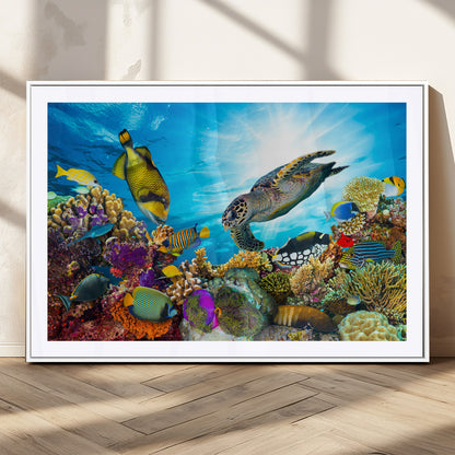 44772-MGC-FP-36x24_White-Underwater Sea Turtle Wall Art – Vibrant Coral Reef and Tropical Fish Canvas Print, Ocean Marine Life Decor for Living Room,
