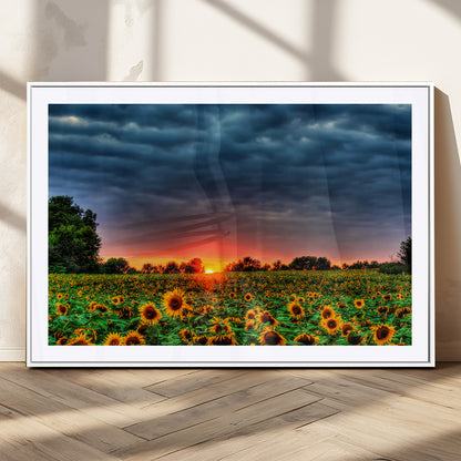 45045-MGC-FP-36x24_White-Sunflower Field Sunset Wall Art – Dramatic Stormy Sky Landscape Print, Vibrant Yellow Floral Nature Canvas for Living Room,