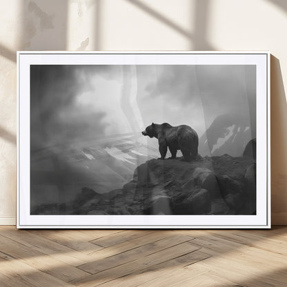 49504-MGV-CV-36X24-Black and White Grizzly Bear Wall Art – Wilderness Wildlife Painting, Rustic Mountain Cabin Decor, Monochrome Animal Print for