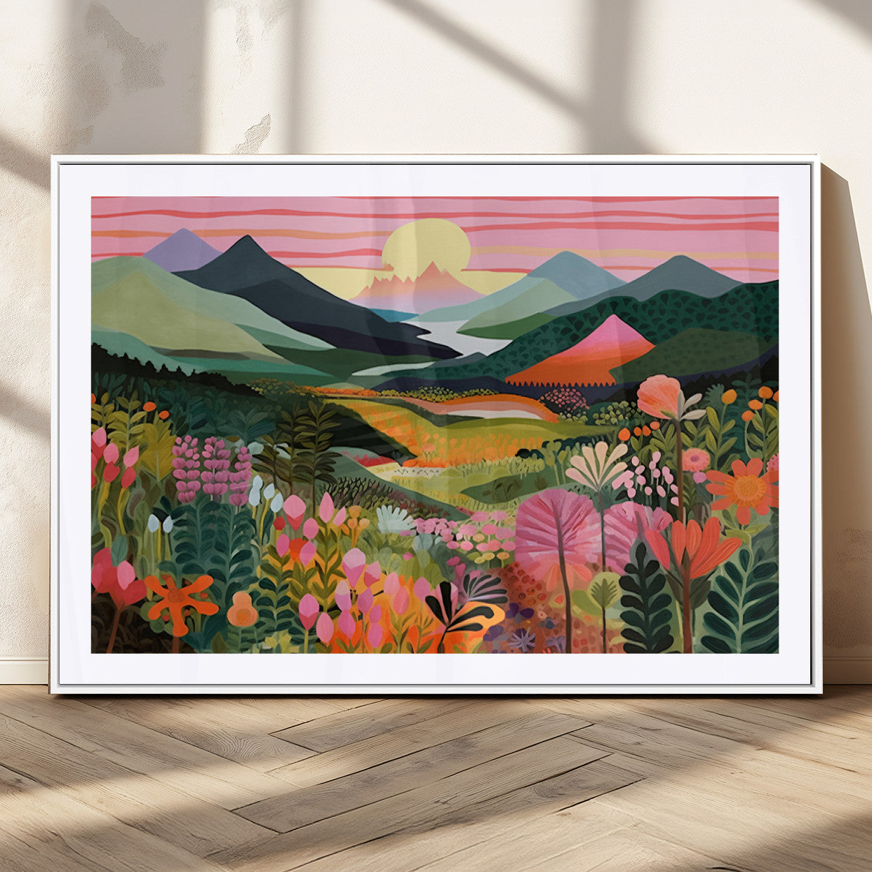 99638-MGC-FP-36x24_White-Sunset Meadow Wall Art – Panoramic Mountain Landscape with Wildflowers Canvas Print, Vibrant Nature Decor for Living Room, Bedroom