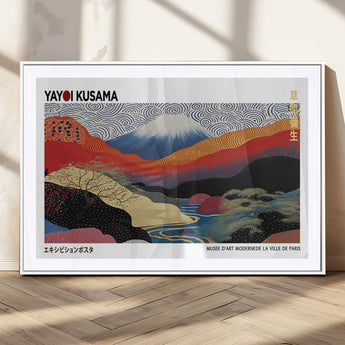 14839-MGC-FP-36x24_White-Yayoi Kusama Wall Art – Panoramic Mountain & River Canvas Print, Modern Abstract Japanese Landscape Decor for Living Room or