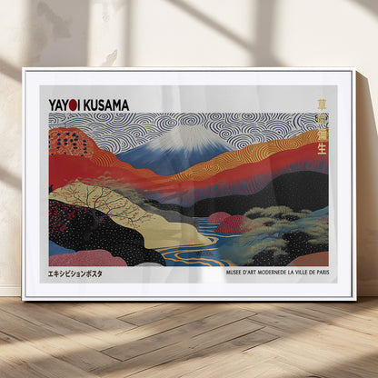 14839-MGC-FP-36x24_White-Yayoi Kusama Wall Art – Panoramic Mountain & River Canvas Print, Modern Abstract Japanese Landscape Decor for Living Room or