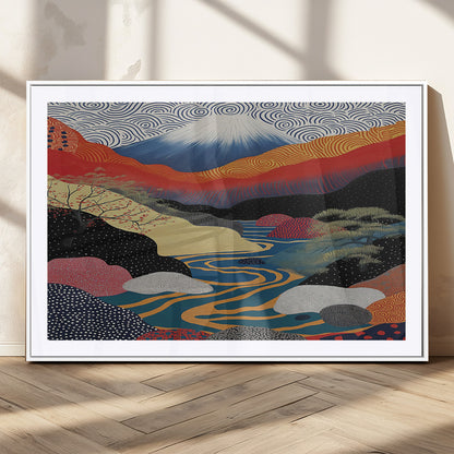 22313-MGV-CV-36X24-Yayoi Kusama Wall Art – Abstract Mount Fuji Landscape Canvas Print, Vibrant Japanese Nature Scene with River, Mountains and Sky